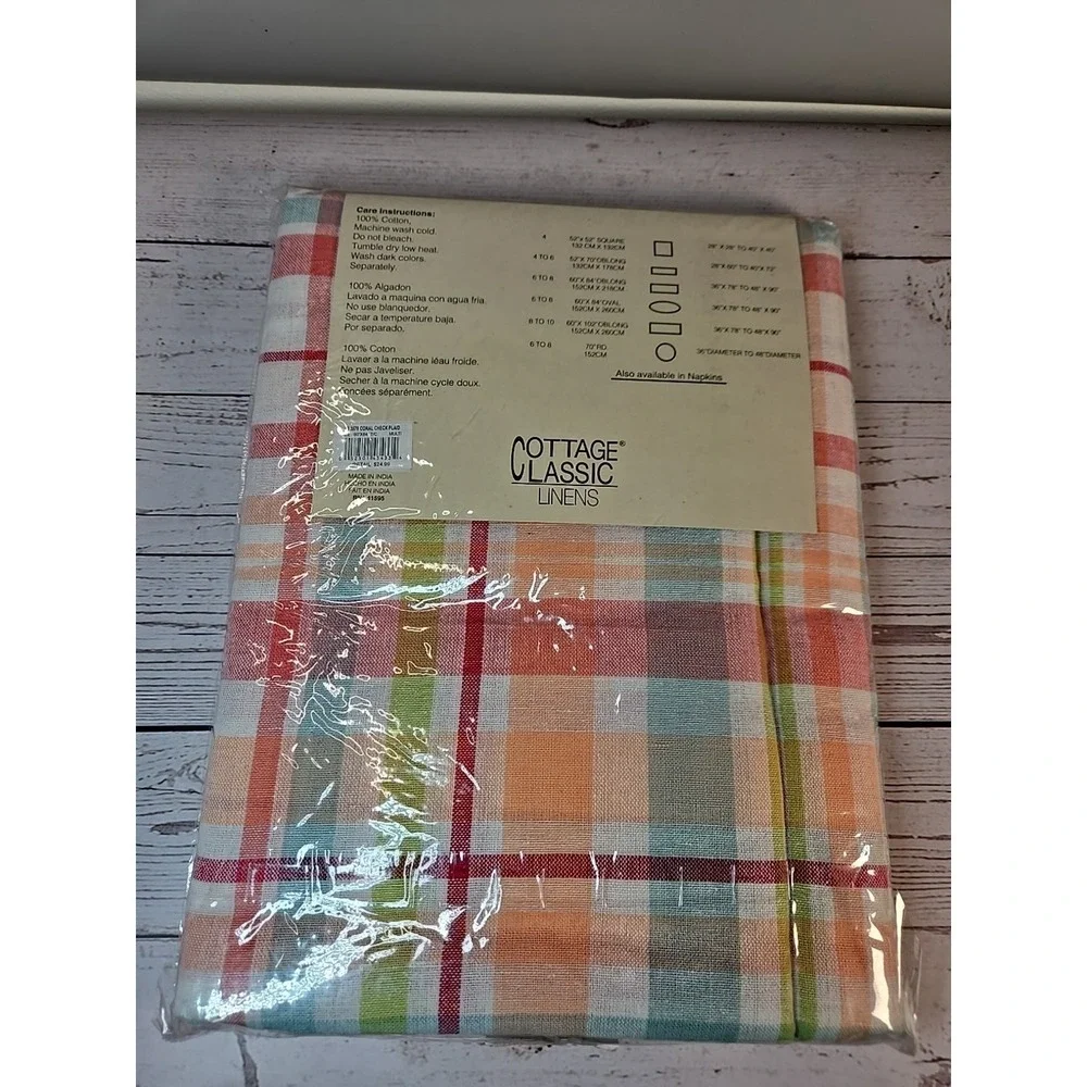 NIP COTTAGE CLASSIC LINENS Coral Check Plaid Tablecloth - SIZE 60